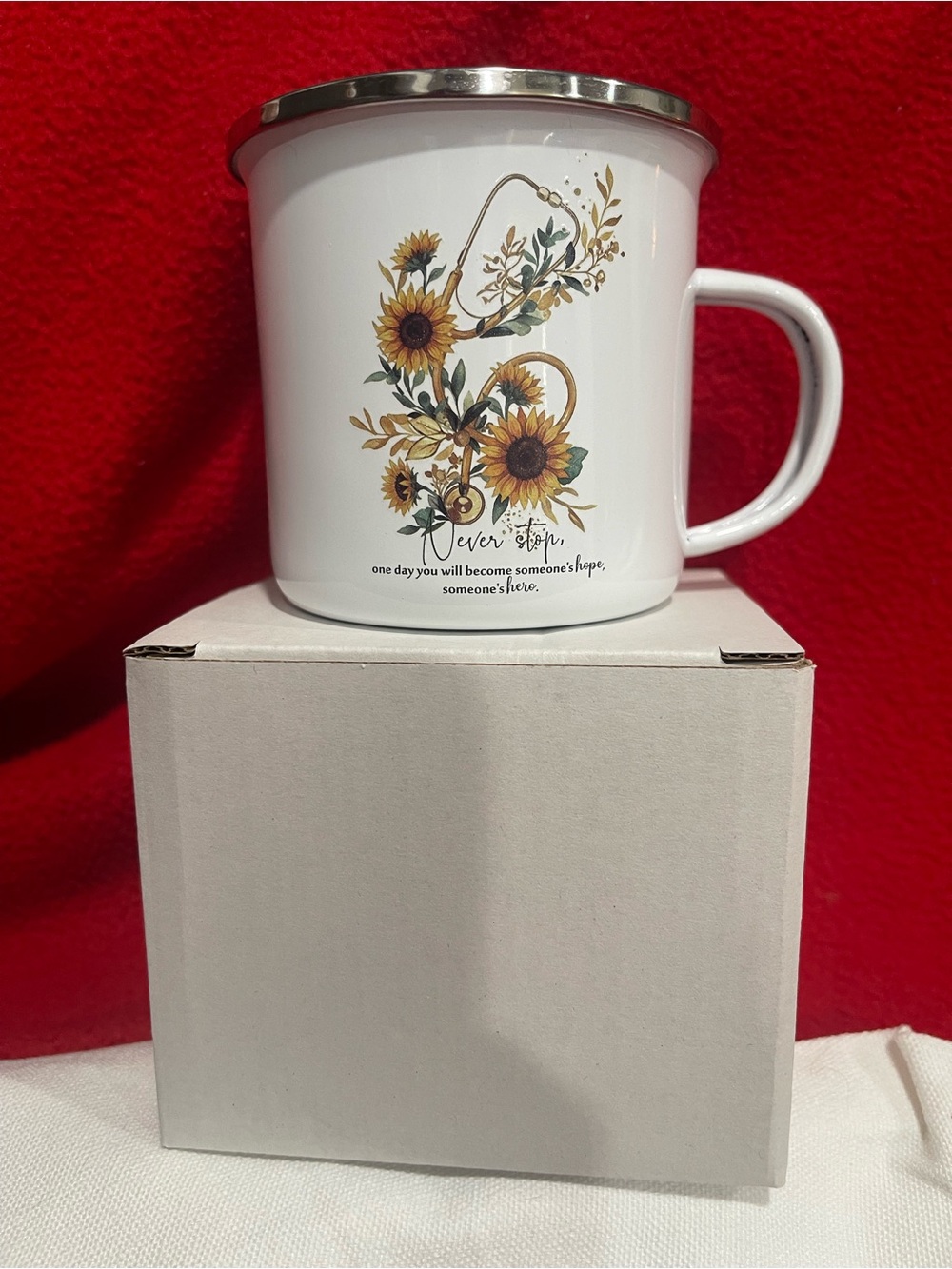 White Sunflower Enamel Inspirational Mug in Box